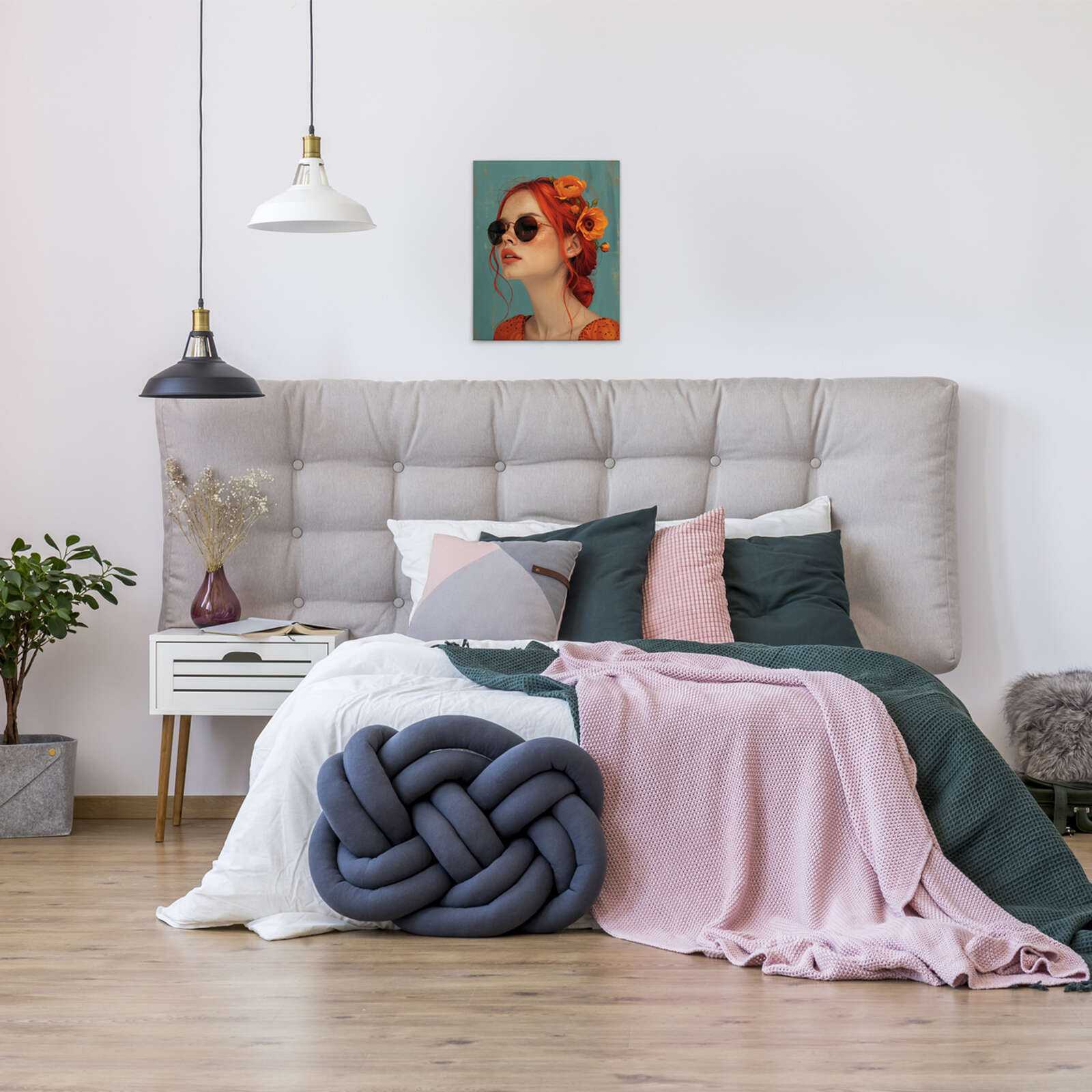             Sommerromantik - Frau mit Blumen und Retro-Charme auf Leinwand – 40 x 50 cm - Orange, Blau
        