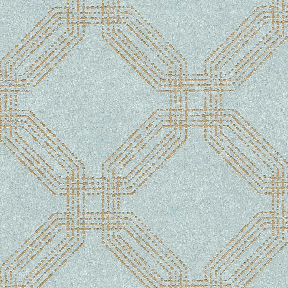             Geometrische Strukturtapete mit Rauten-Optik – Blau, Gold, Grün
        