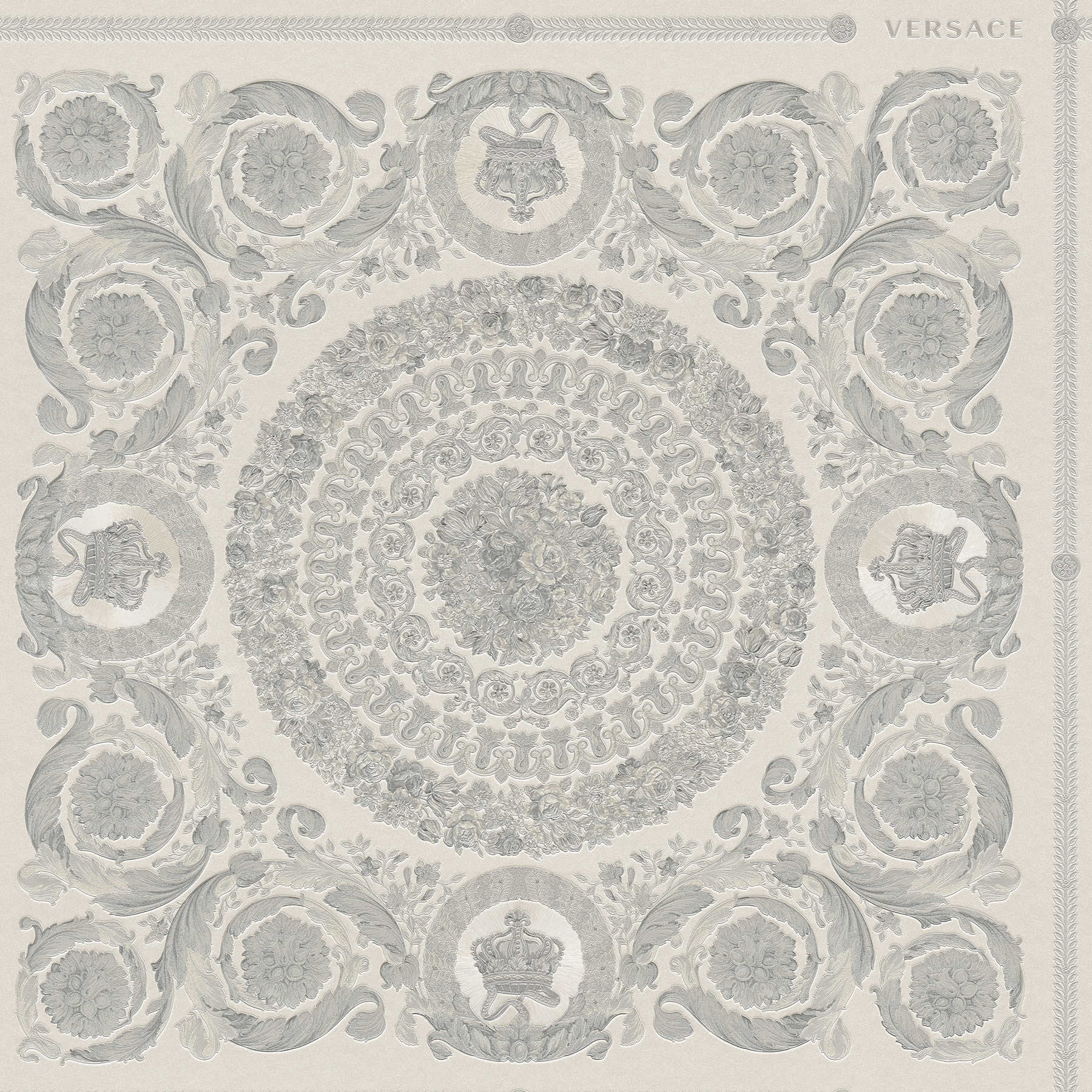 Luxuriöse VERSACE Home Tapete Kronen & Rosen – Silber, Grau
