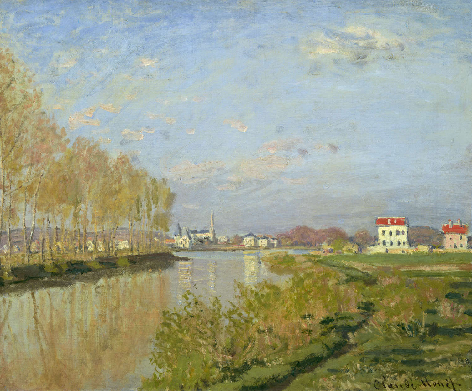 Landschaft, Fluss, Bäume, Häuser, Bulgrund