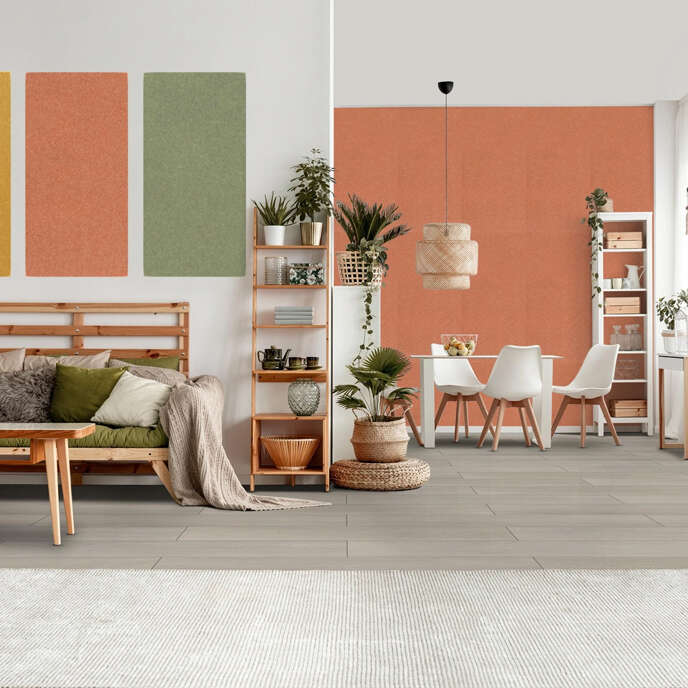 Wohnzimmer, Wandfarben, Sofa, Holzregal, Pflanzen