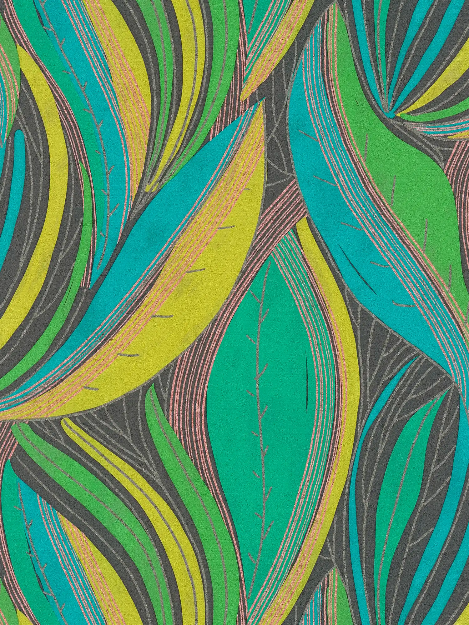         Lebendige Vliestapete mit vielfältigem Blattmuster und schimmernden Details – Grün, Gelb, Türkis
    