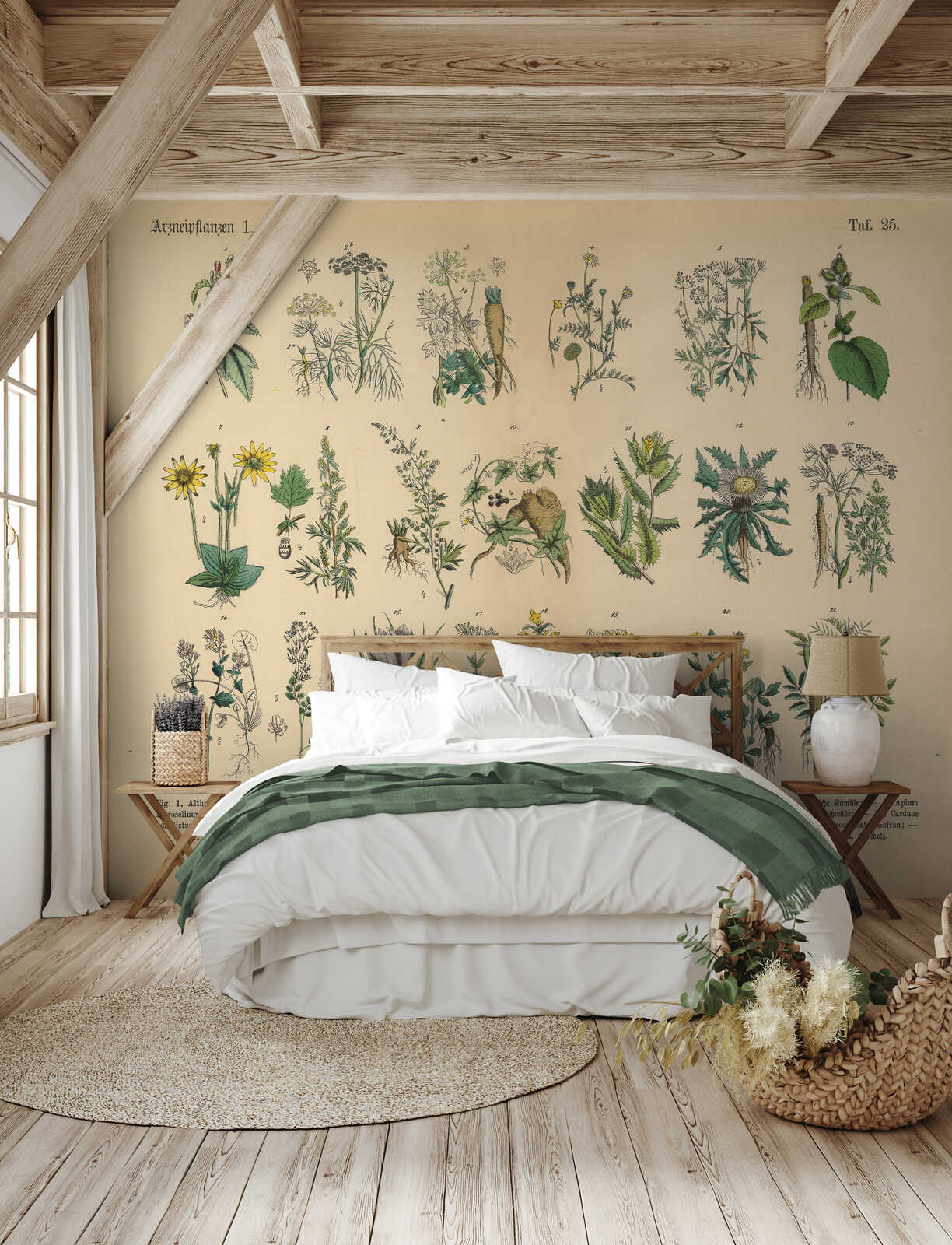 Bett, Wandmalerei, Botanischer Druck, weiße Bettwäsche, grüner Überwurf