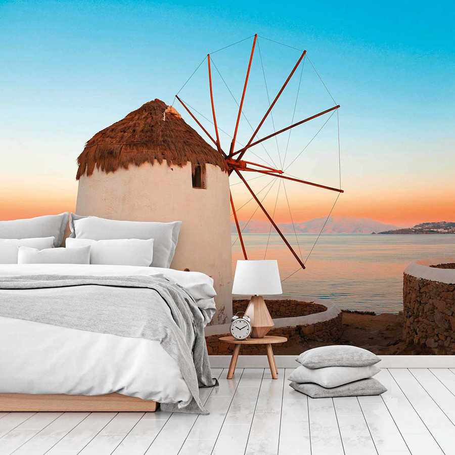 bett, schlafzimmer, kissen, bettwäsche, windmühle landschaft