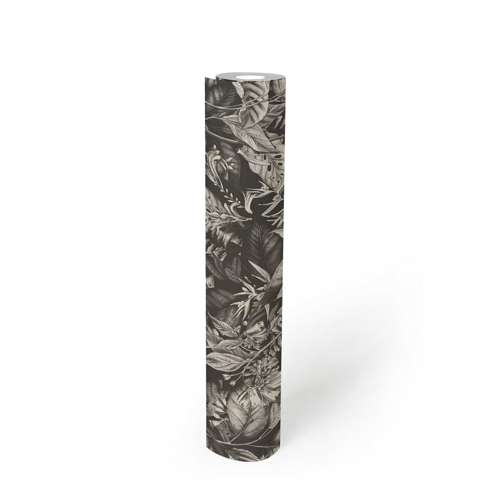             Tapete floral mit Blättern & Blüten strukturiert matt – Schwarz, Weiß
        