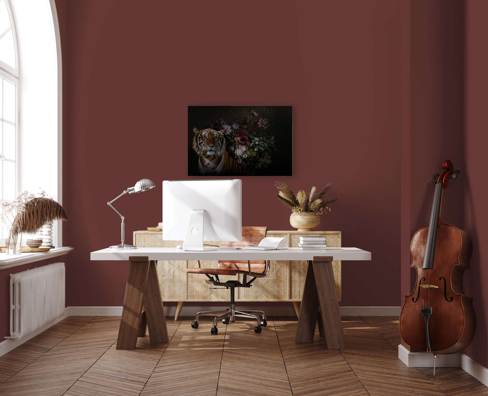 Leinwandbild Tiger Portrait mit Blumen – 0,90 m x 0,60 m