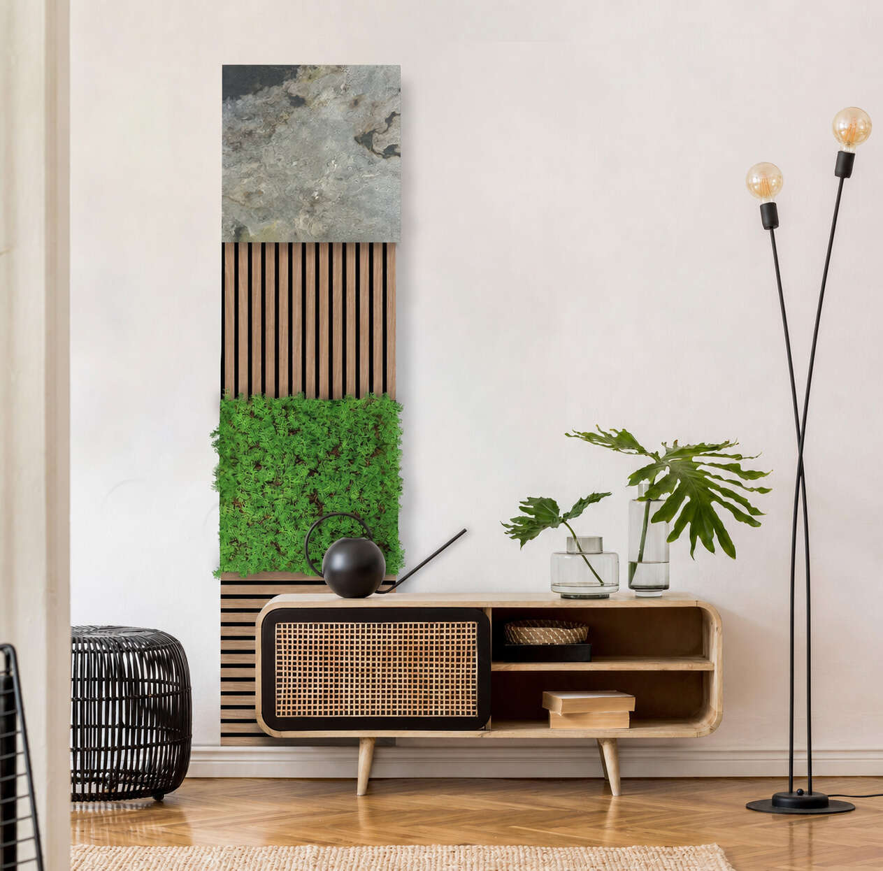 wohnzimmer, sideboard, pflanzenwand, rauchten, lampe