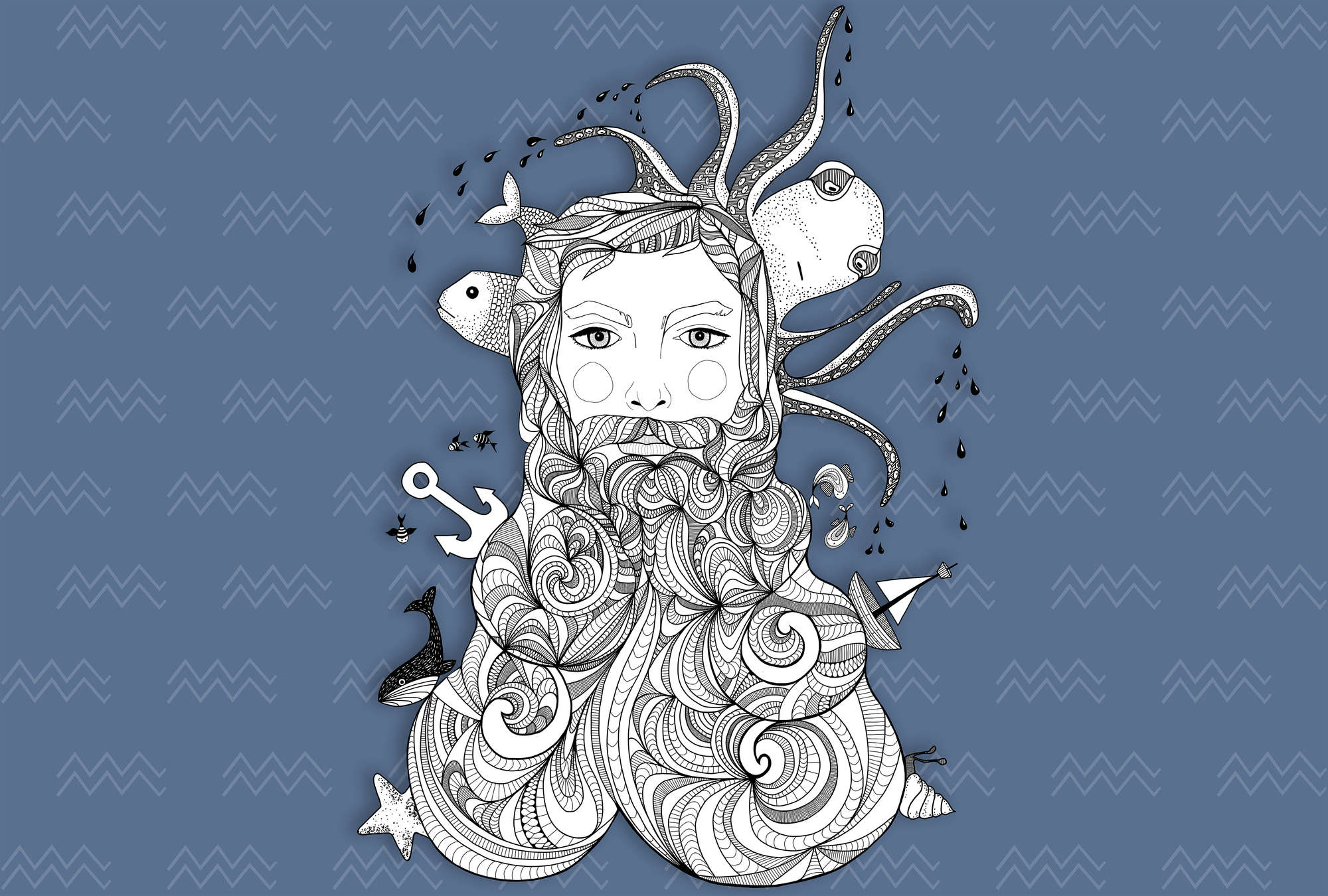 illustration, sea themed, octopus, bartfrisur?, surfer