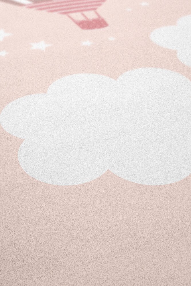             Romantic nursery wallpaper with hot air balloons and starry sky in delicate pastel shades - pink, grey, white
        