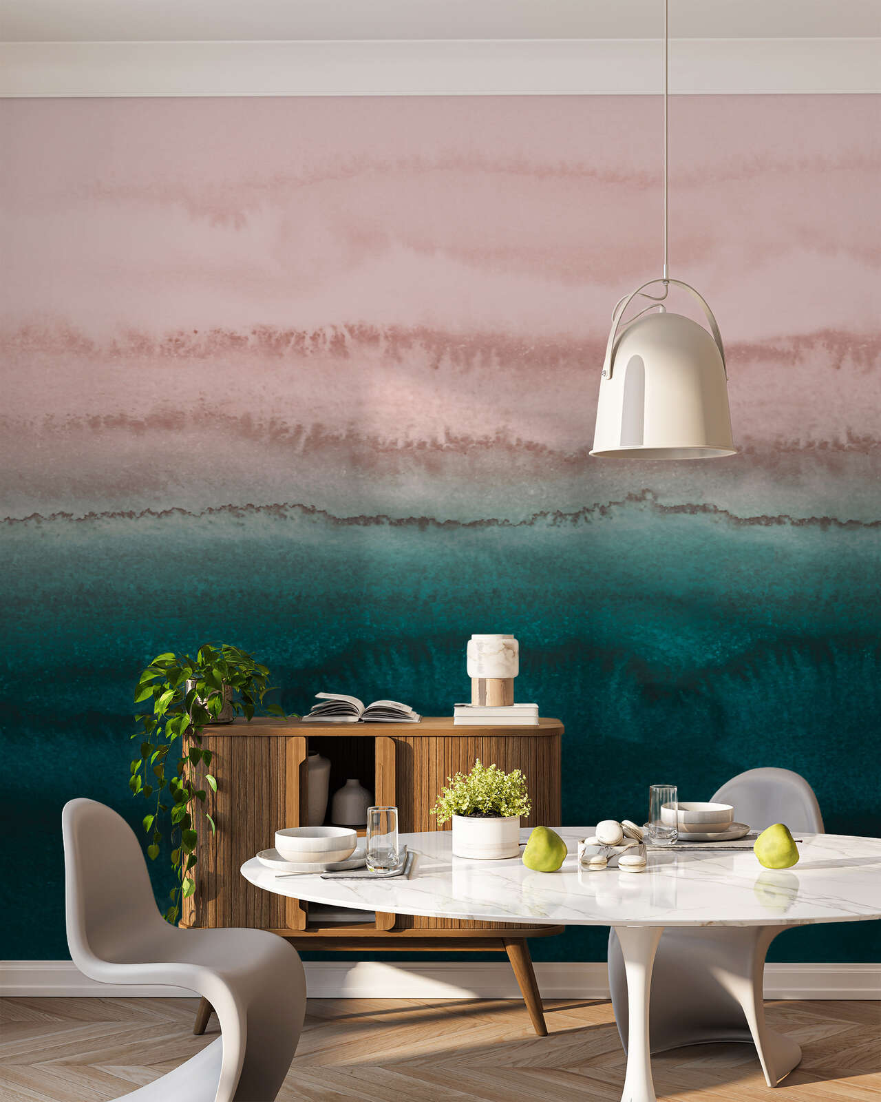 Esstisch, Marble-Tisch, Küchenstuhl, Wandbild-Metall, Dekoration-Pflanze