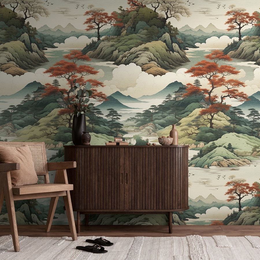 Wandtapete, Pflanzenmuster, Landschaft, Holzsideboard, Dekoration