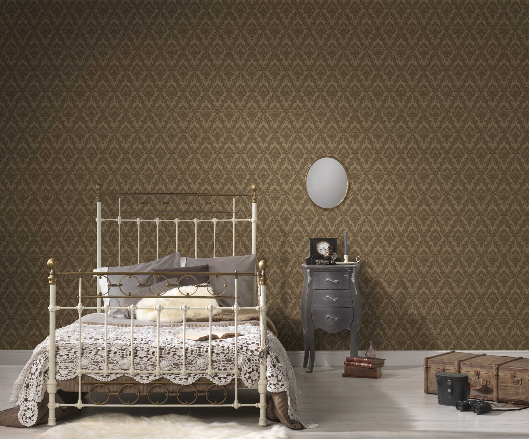             Hochwertige Barock-Tapete mit edler Flock-Beschichtung und Seidenglanz – Braun
        