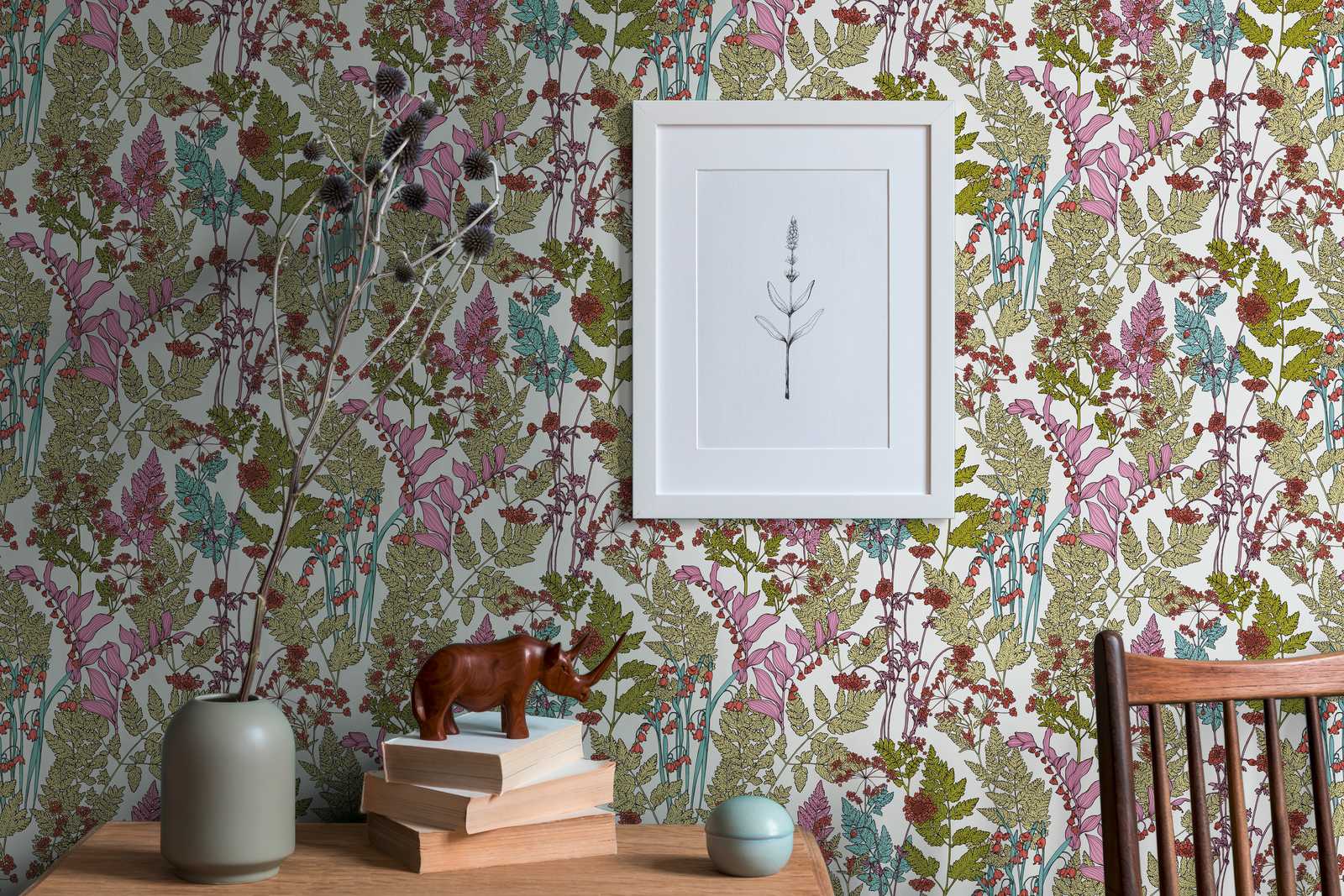             Tapete Blätter & Blumen Design im modern Botanical Stil – Bunt, Grün, Blau
        