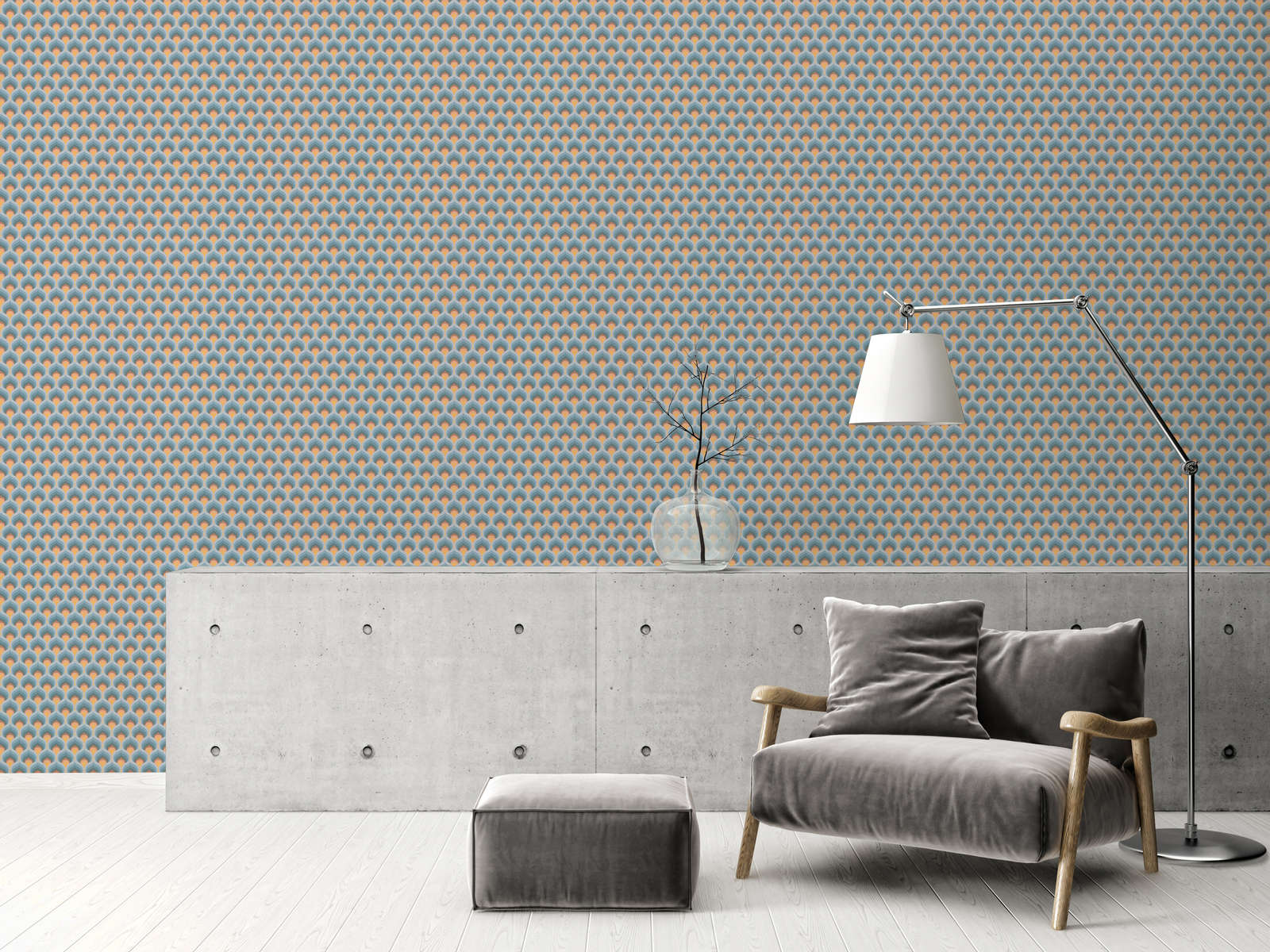             Vliestapete mit Retro Schuppenmuster – Blau, Braun, Gelb
        