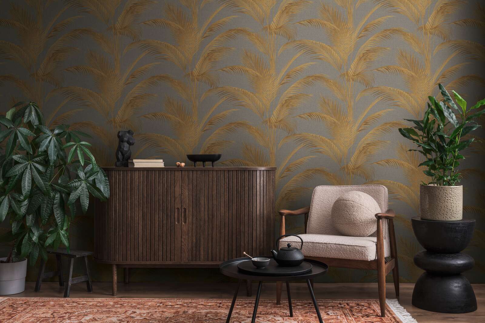 MICHALSKY Vliestapete mit Palmenblättern und goldenen Akzenten – Grau, Gold, Metallic