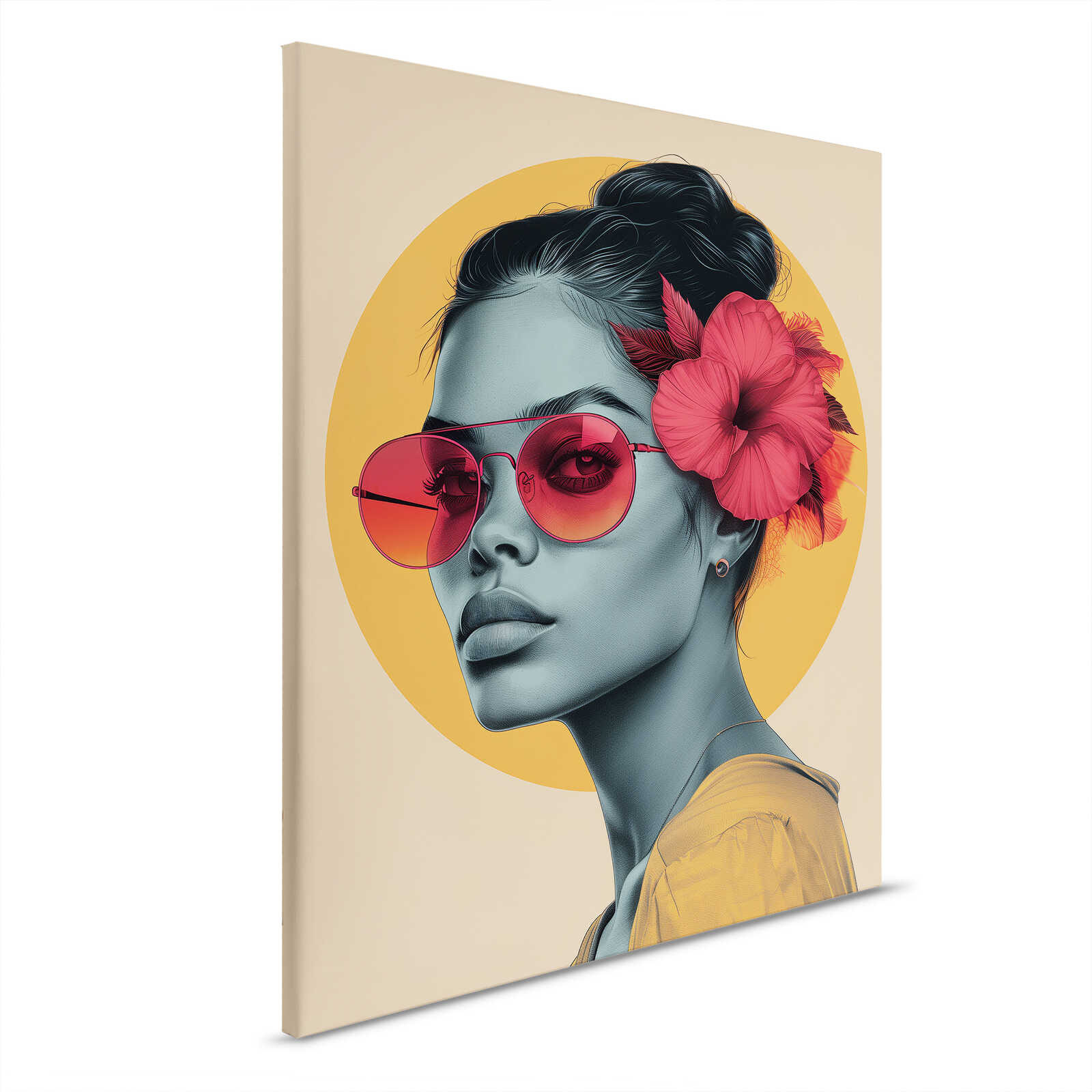         Hibiskus Elegance - Portrait Leinwandbild mit rotem Akzent und sonnigem Hintergrund – 40 x 50 cm - Gelb, Rot
    