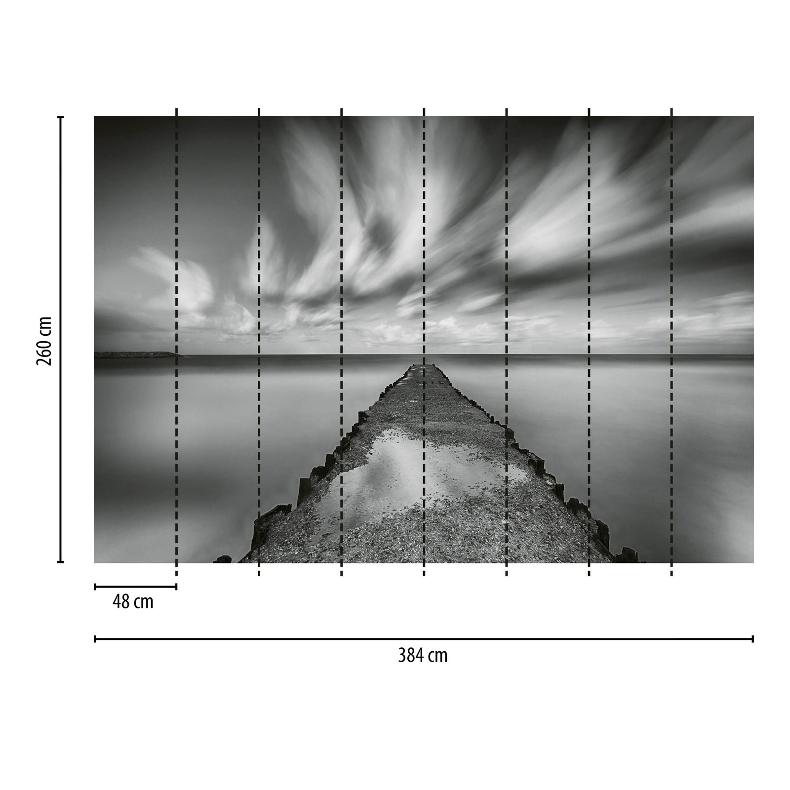             Fototapete Meer mit Bootssteg – Schwarz, Weiß, Grau
        