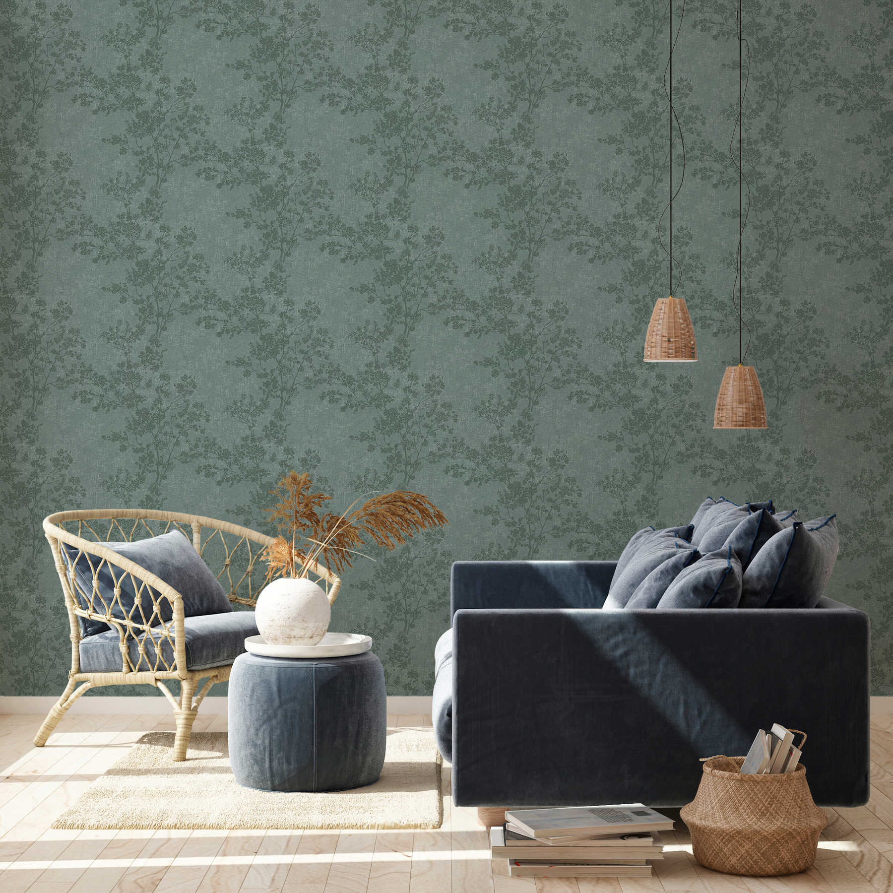             wallpaper leaves pattern in linen look - green
        