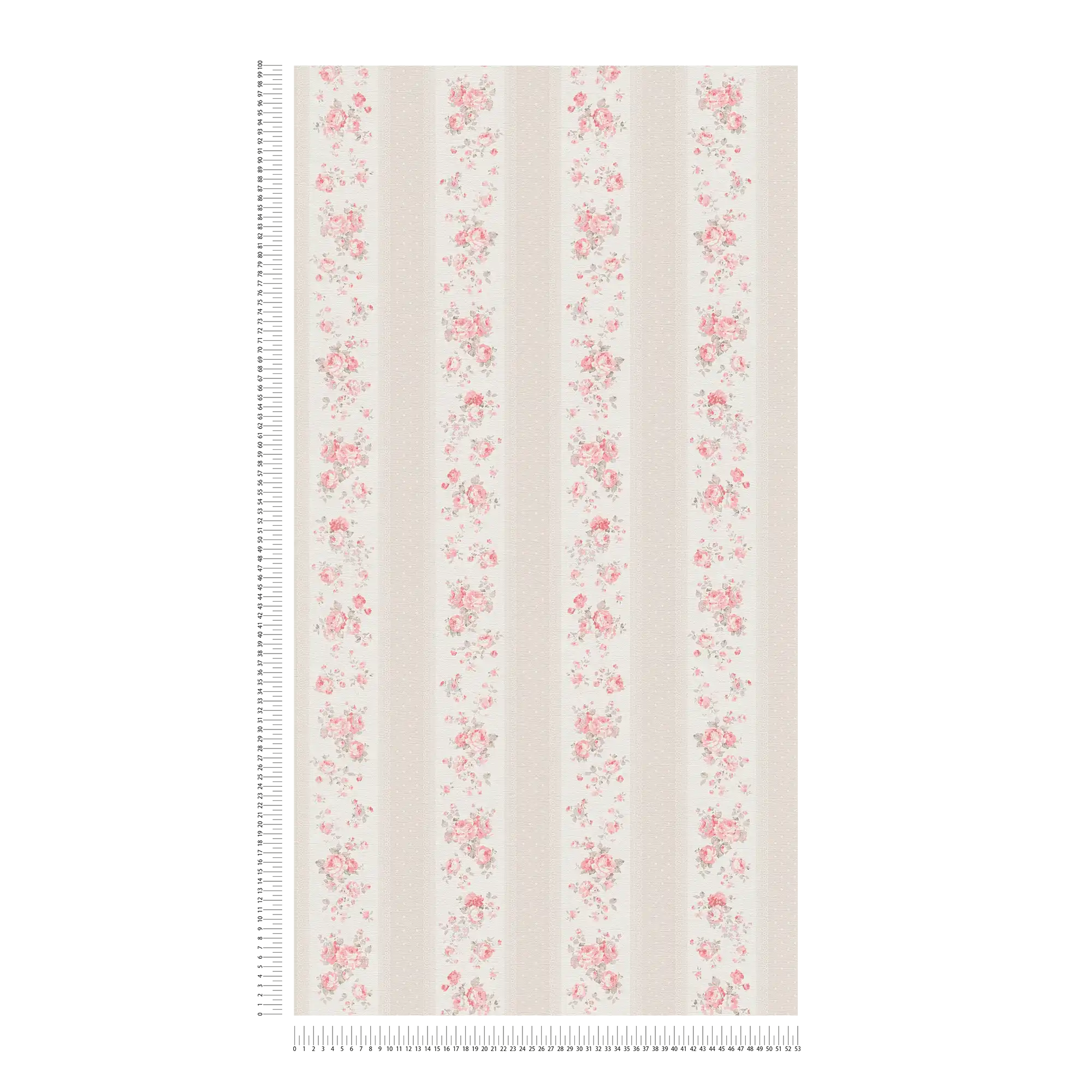 Tapete im Shabby Chic Stil mit floralen und gepunkteten Streifen – Greige, Weiß, Rot