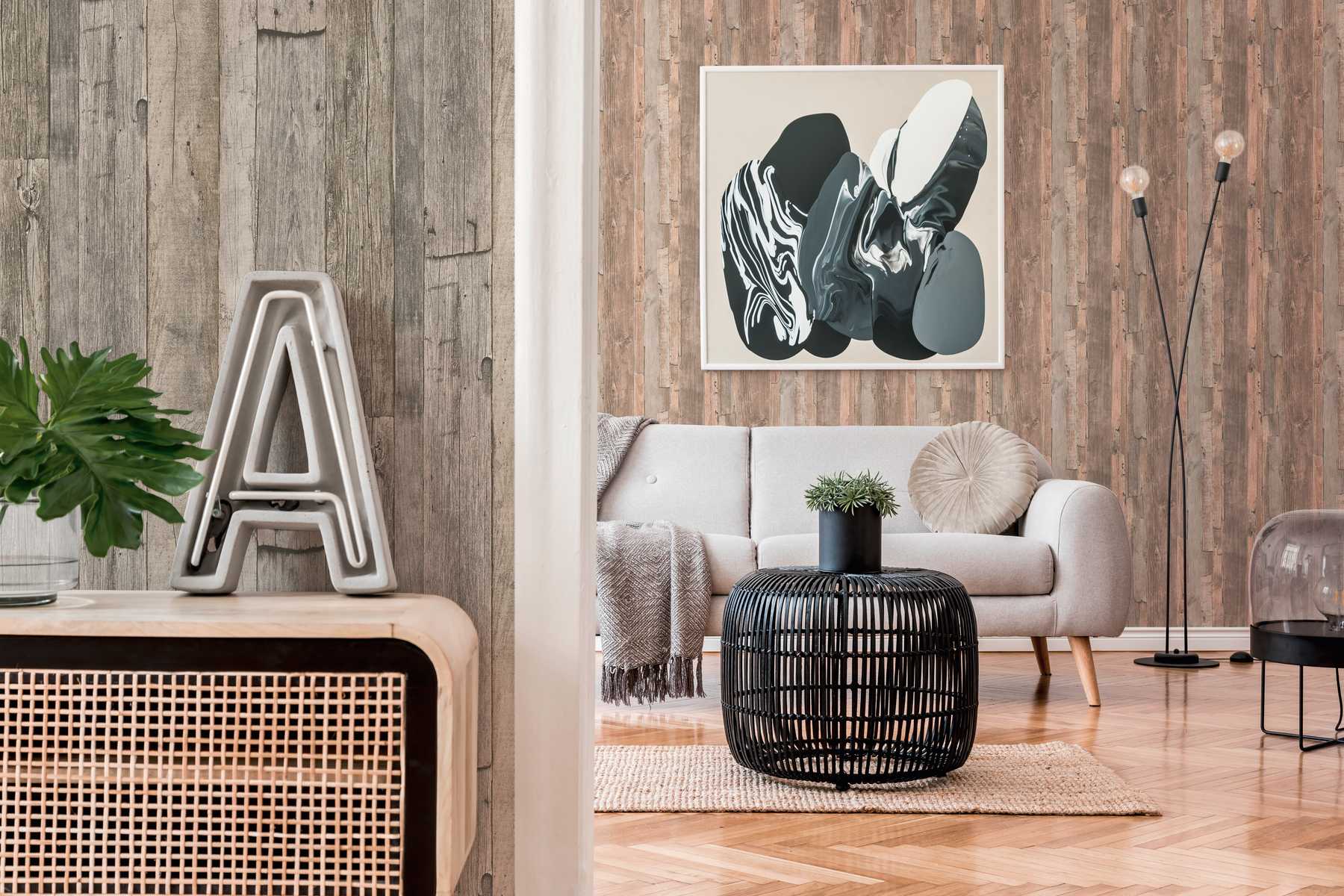             Holztapete mit Brettern im rustikalen Industrial Design – Beige, Schwarz, Creme
        