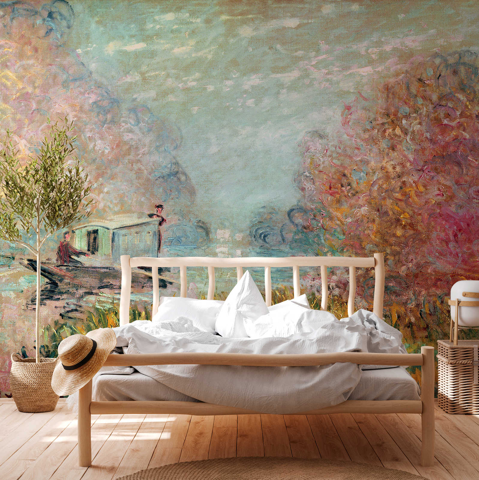bett, holzrahmen, weißes bettzeug, buntes wandbild, pflanze