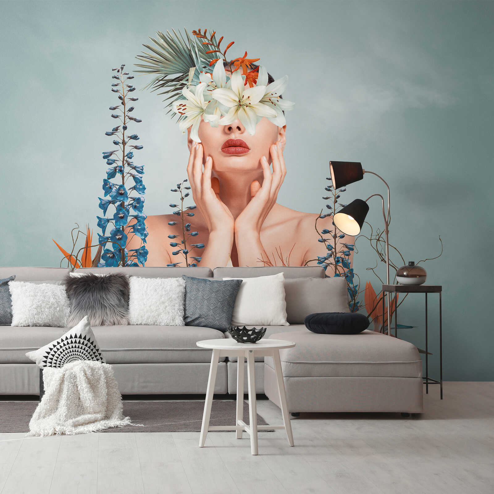         Extravagant non-woven wallpaper with floral and female motifs on a subtle background - blue, beige, green
    