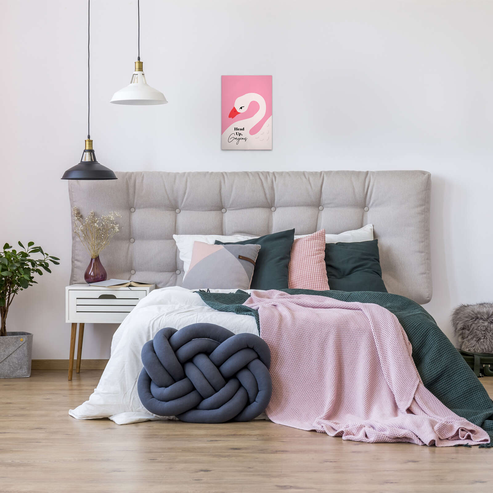 Head Up, Gorgeous - Inspirierende Schwan-Illustration auf Leinwand – 30 x 45 cm - Pink, Weiss