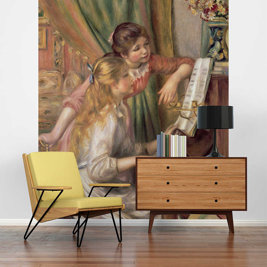Mural, gemälde Wandbild, zwei Frauen, Klavier, Sideboard, Kommode, Lampe, Bücher, moderner Innenraum, gelbes Stuhl, Holzboden