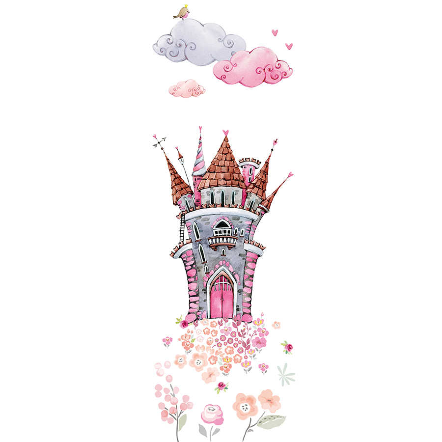 castle, pink, watercolor, flowers, tower