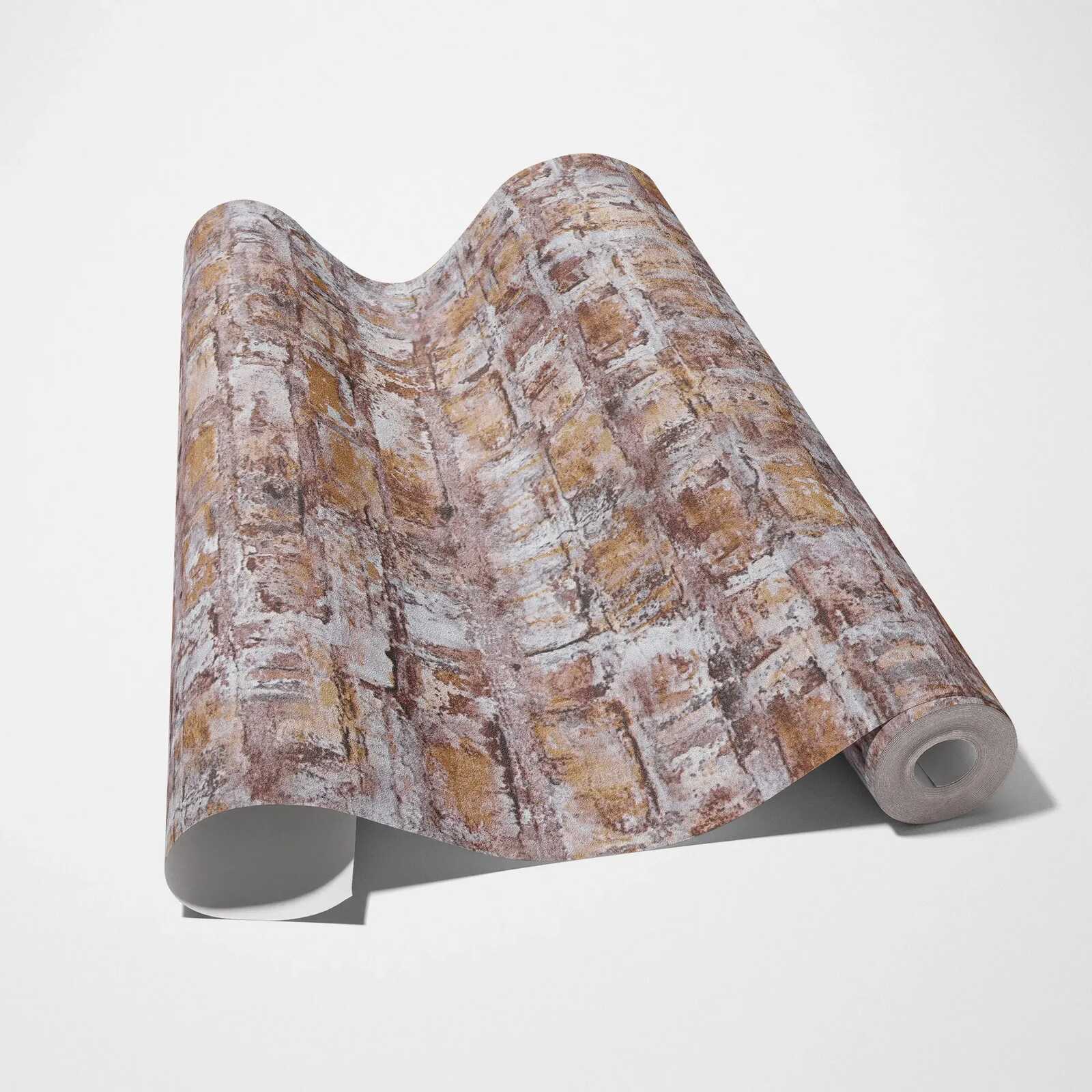             Vliesbehang in baksteenlook met muurmotief - grijs, bruin, wit, roest
        