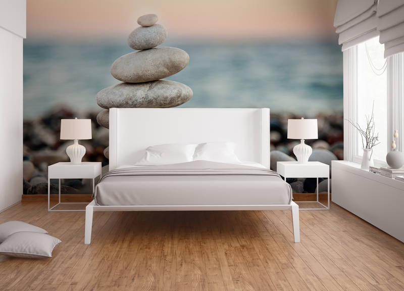             Digital printing wallpaper with stone tower by the sea - grey, blue
        