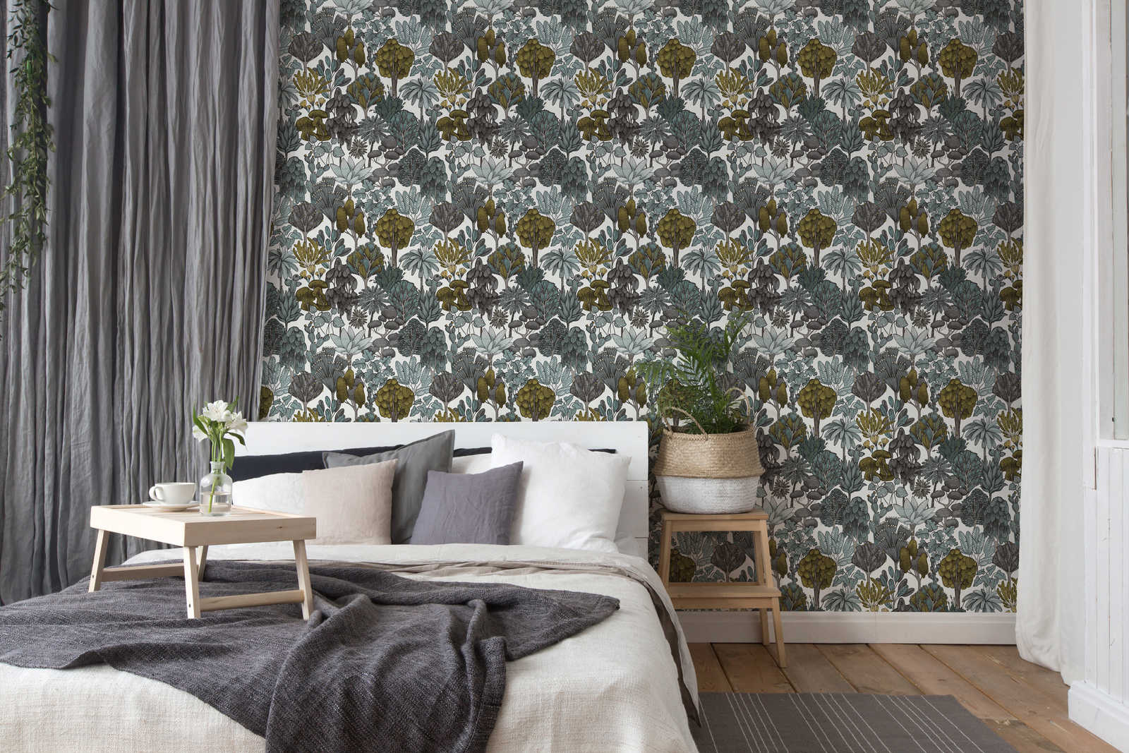             Tapete Grün Grau florales Muster im Doodle Stil – Grün, Grau, Gelb
        