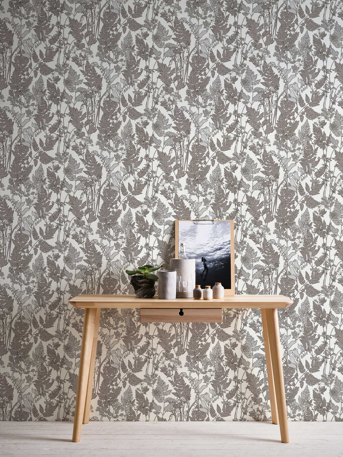             Natur Tapete Blätter & Blüten im modernen Landhaus Stil – Grau, Weiß
        