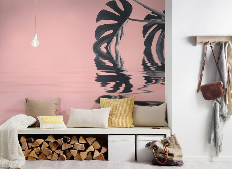 Wohnzimmerwand, Deko-Wandbild, Palme, Rosa Wellen, Holzfeuerholz