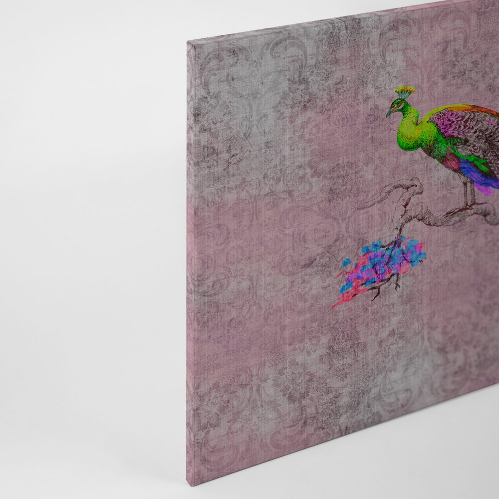 Peacock 2 - Leinwandbild mit Pfau Motiv &amp; Ornament Muster in naturleinen Struktur – 0,90 m x 0,60 m