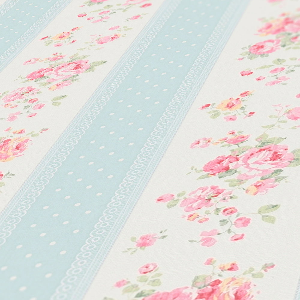 Vliestapete mit Streifen, Blumen und Punkten – Blau, Weiß, Rosa