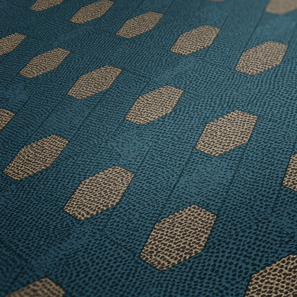 Blaue Tapete mit geometrische Muster &amp; Gold Details – Blau, Braun, Beige