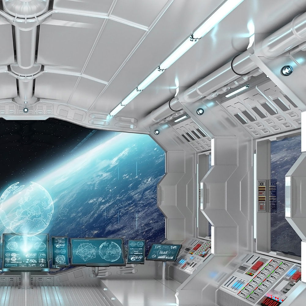             Sci-Fi Design Wandtapete – Fototapete 3D mit Raumstation und Planetenansicht – Weiß, Blau
        