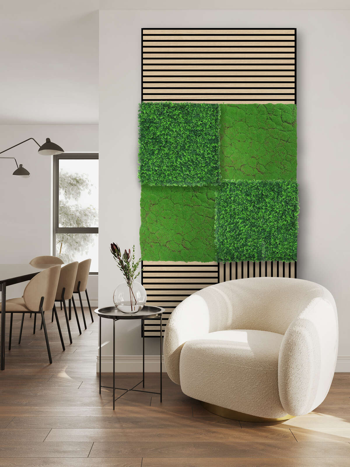 vertikale pflanze, grüne wand, akzentpaneel, wohnzimmer, armlehnenstuhl