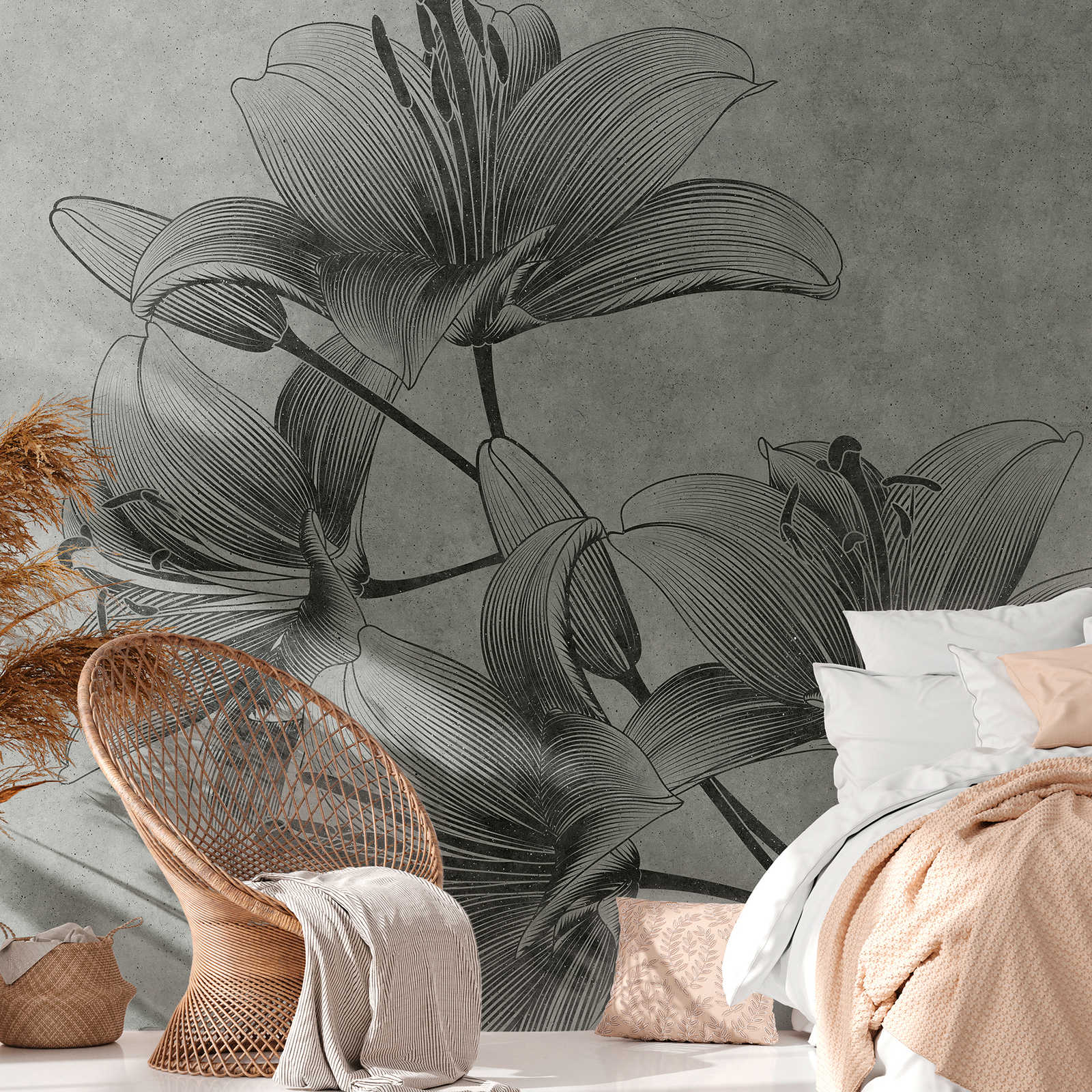         Wallpaper novelty | grey floral wallpaper lilies in line art style
    