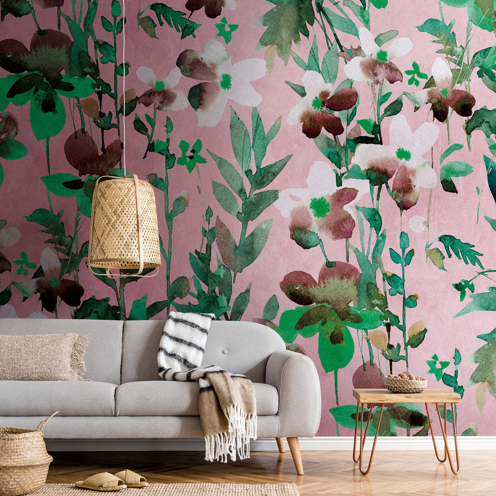 wandbild-wallpaper, pink-green floral, abstract-floral, wohnzimmer-wand, sofa-dekor