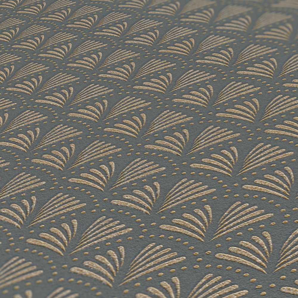            Dunkle Tapete mit Gold Dekor im eleganten Retro Stil – Metallic, Schwarz
        