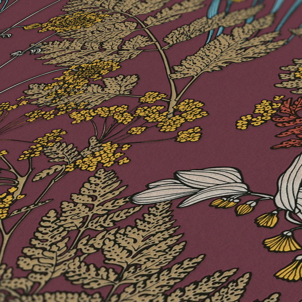             Lila Tapete mit buntem Blätter & Blumen Design – Rot, Gelb, Blau
        