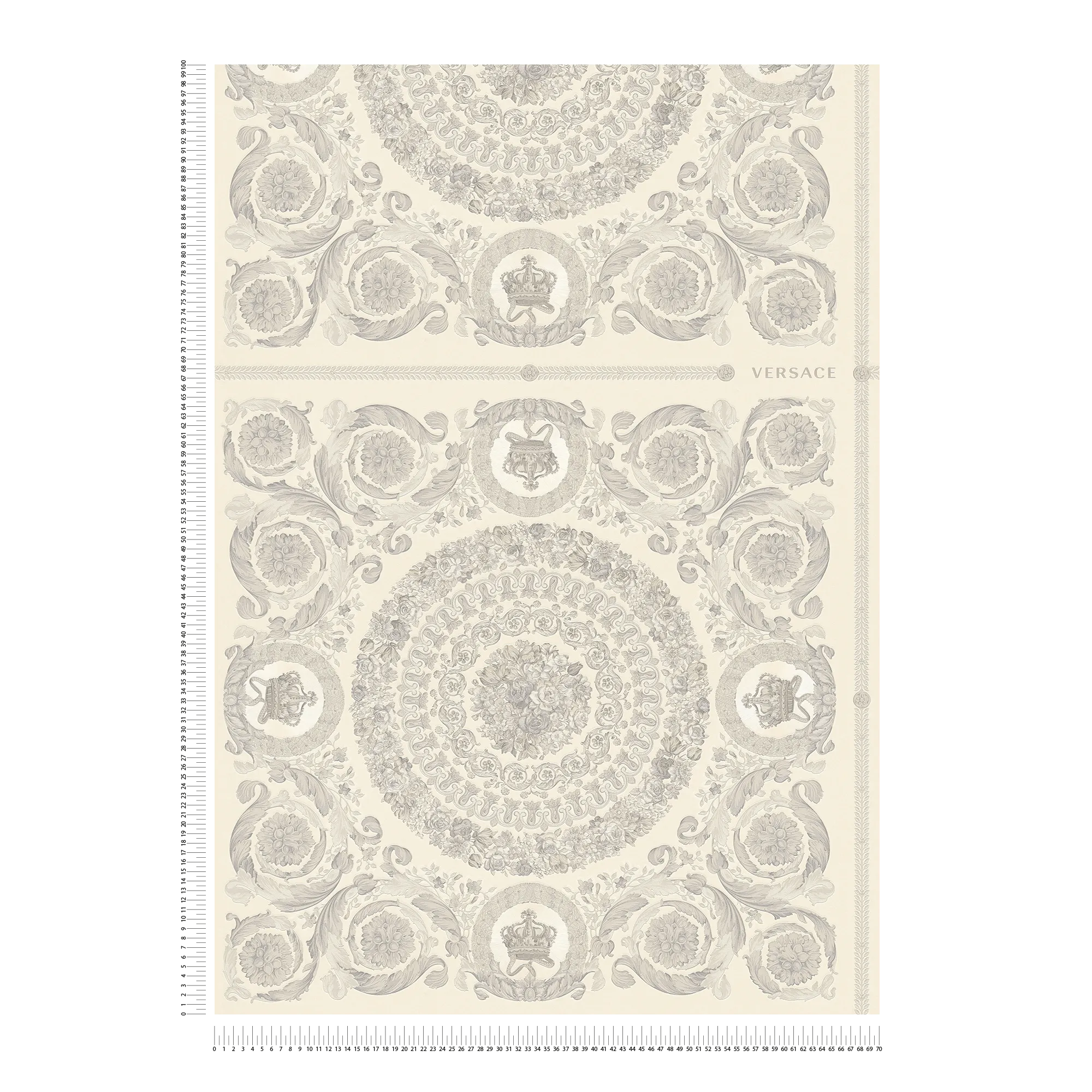             VERSACE non-woven wallpaper with floral ornamental design light sheen background smooth, pattern textured - white, grey, metallic
        