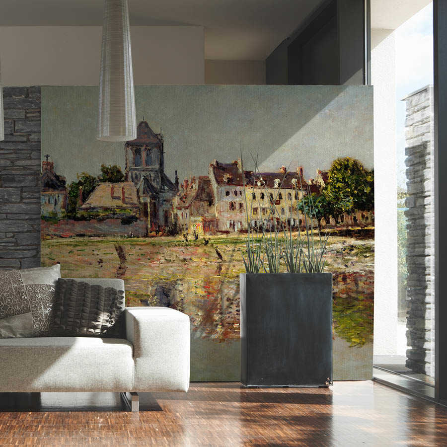 Wohnzimmerwand, Wandpaneel, Stadtmotiv, Pflanzenbehälter, Sofa