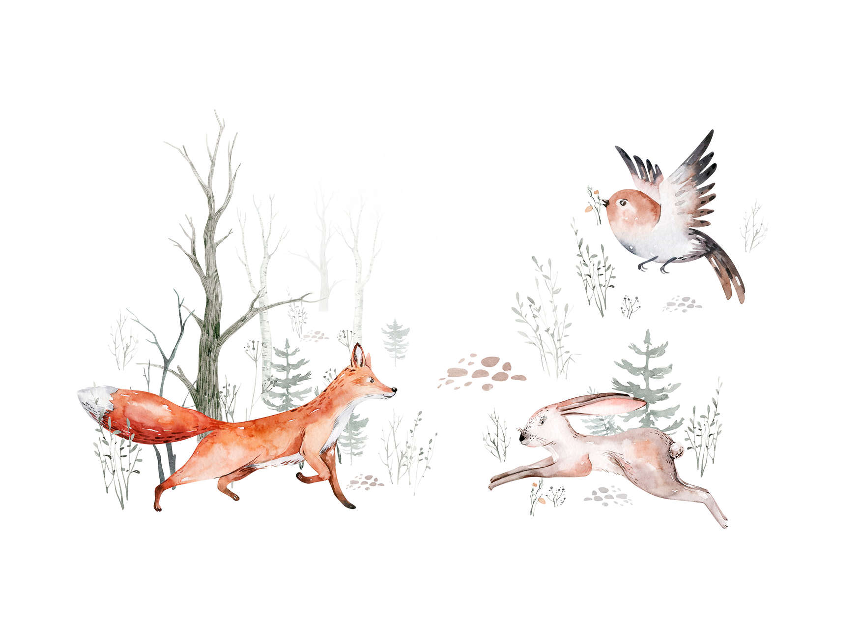 Fuchs, Hase, Vogel, Winterlandschaft, Tierillustration