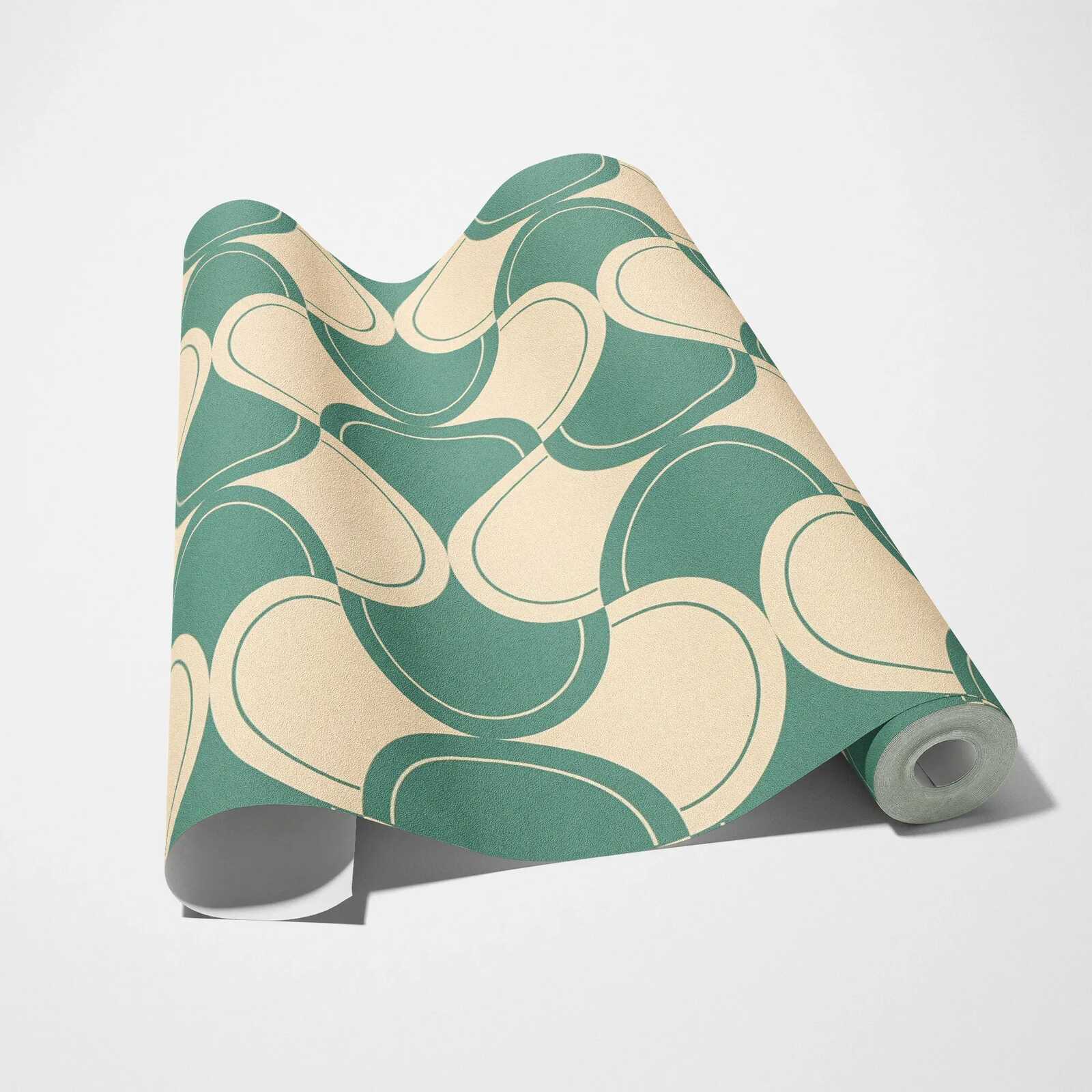             Vliestapete mit Halbkreismuster im 70er Jahre Stil – Grün, Beige
        