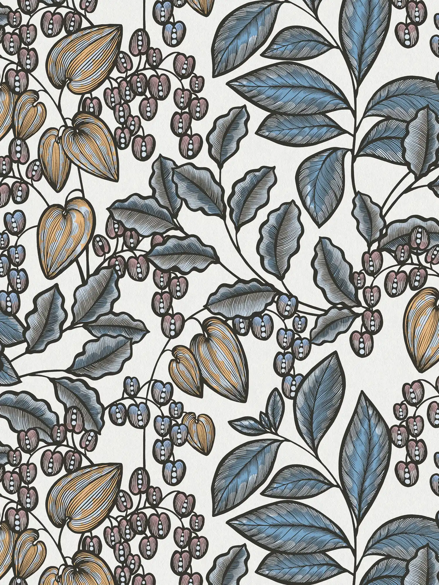         Modern wallpaper leaves pattern in retro look - blue, white, yellow
    