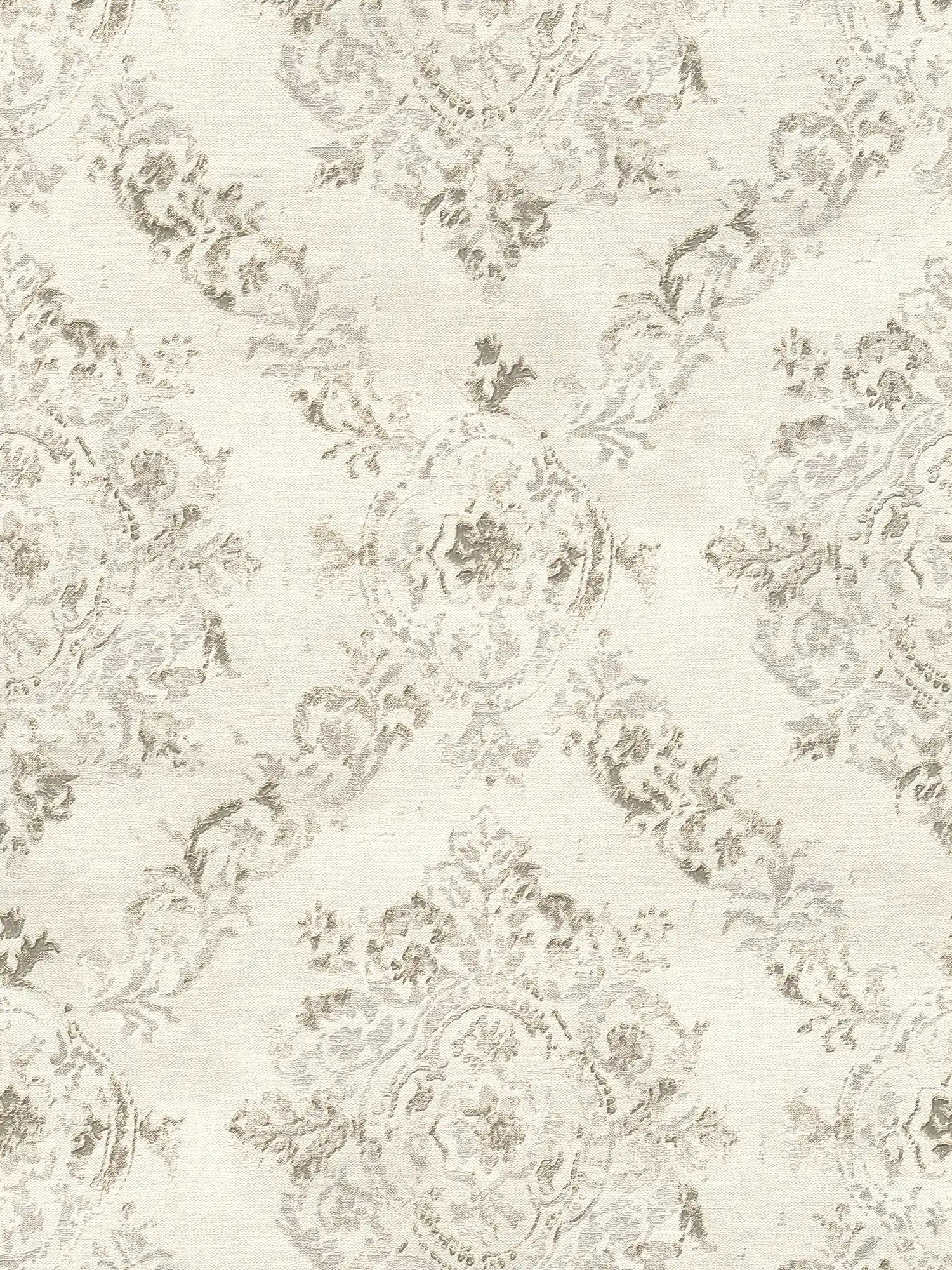         Ornamenttapete mit Leinenstruktur im Vintage Look – Metallic, Creme, Beige
    