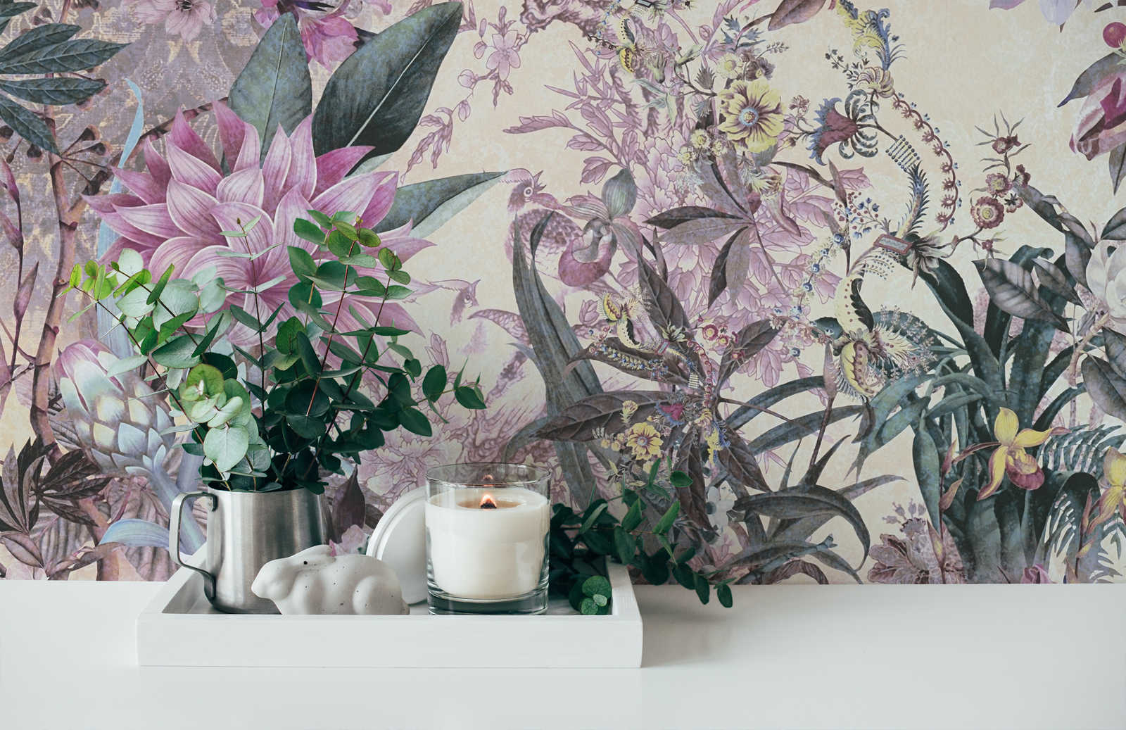             Blumentapete moderner Kolonialstil – Rosa, Grün
        